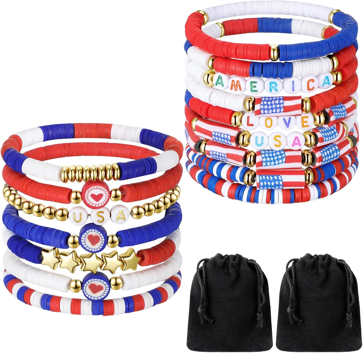 Kigeli 16 Pcs 250th Anniversary America Bracelets Red Blue White Bracelet Surfer Heishi Patriotic Wristbands Bulk Clay Beaded Stretch Wristband 4th of July Independence Day Gift for Men Woman Jewelry