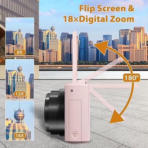 Miniatura 4 de Cámara digital 4K para fotografía, cámara compacta de vlogging de 64MP con WiFi y pantalla abatible de 180 de 3 pulgadas, zoom digital de 18X, ideal