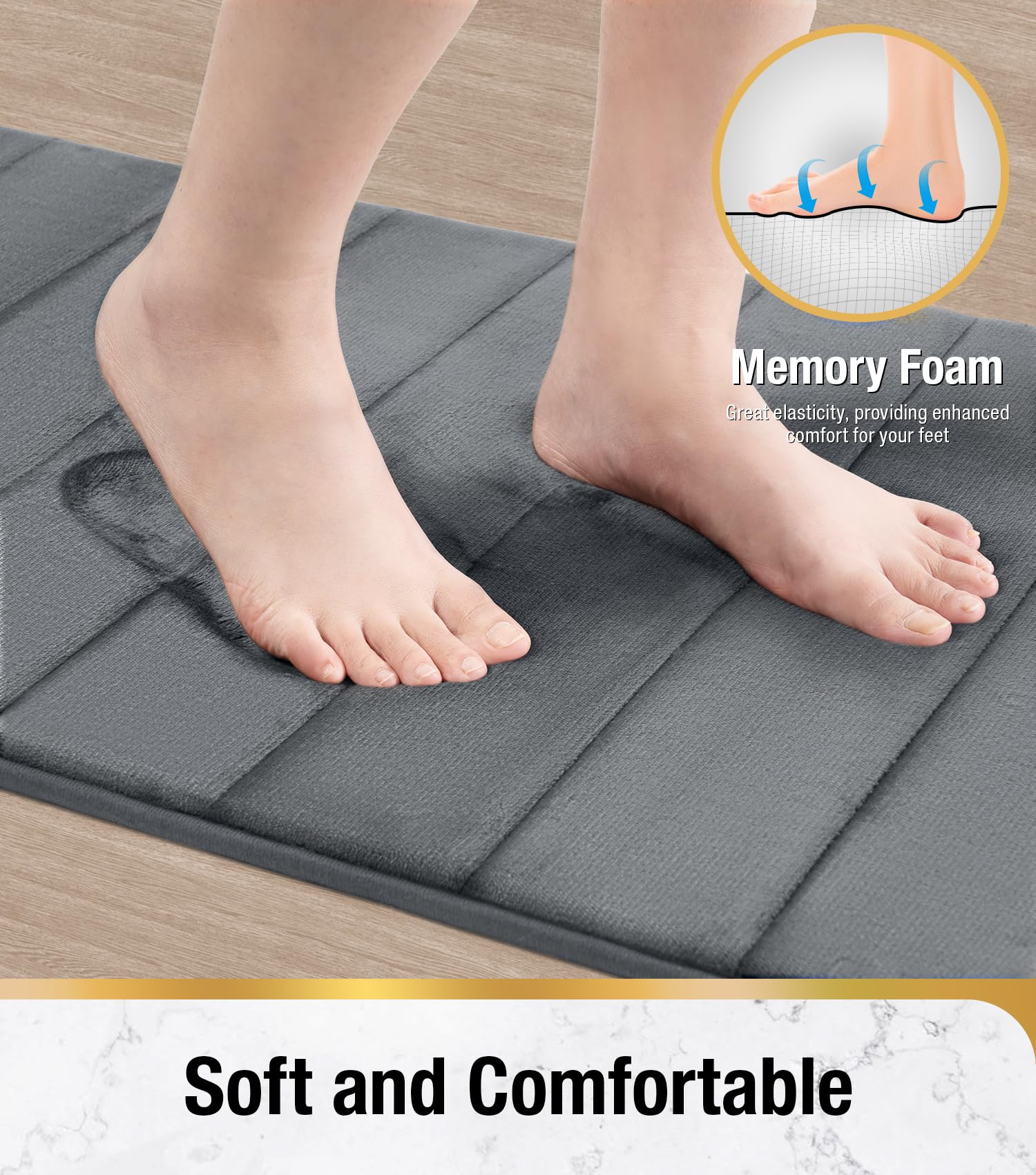 HITSLAM Tapis de Bain Antidérapant en Mousse à Mémoire de Forme, 40 x 60cm Absorbant Tapis Salle de Bain, Lavable en Machine, Séchage Rapide, Doux et Confortable, Gris Foncé