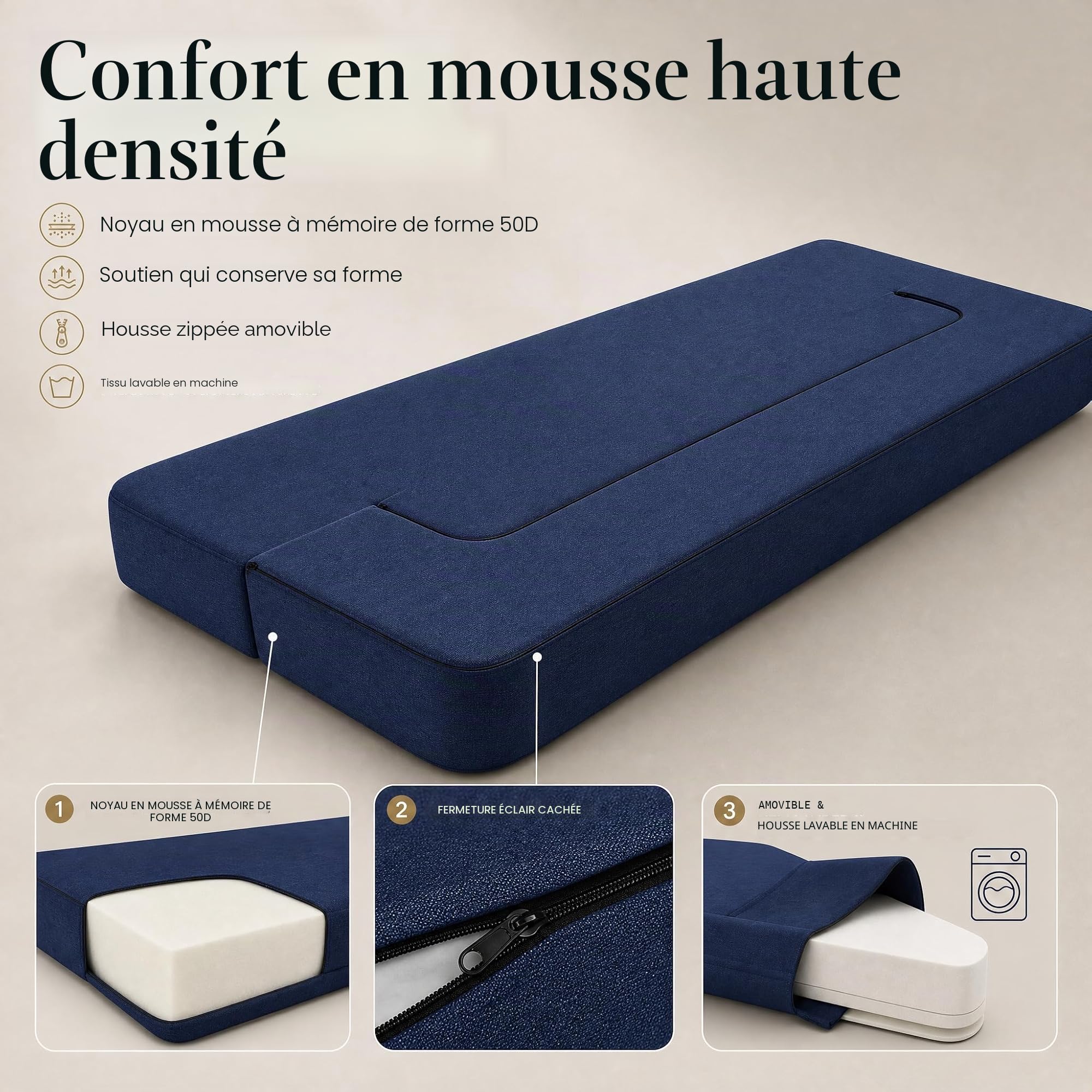 ANONER Canapé Lit Pliable 2 Places, Bleu Foncé | Canapé lit 2 en 1, mousse haute densité monobloc, hauteur assise 25cm, housse amovible, 190x137cm, salon et chambre