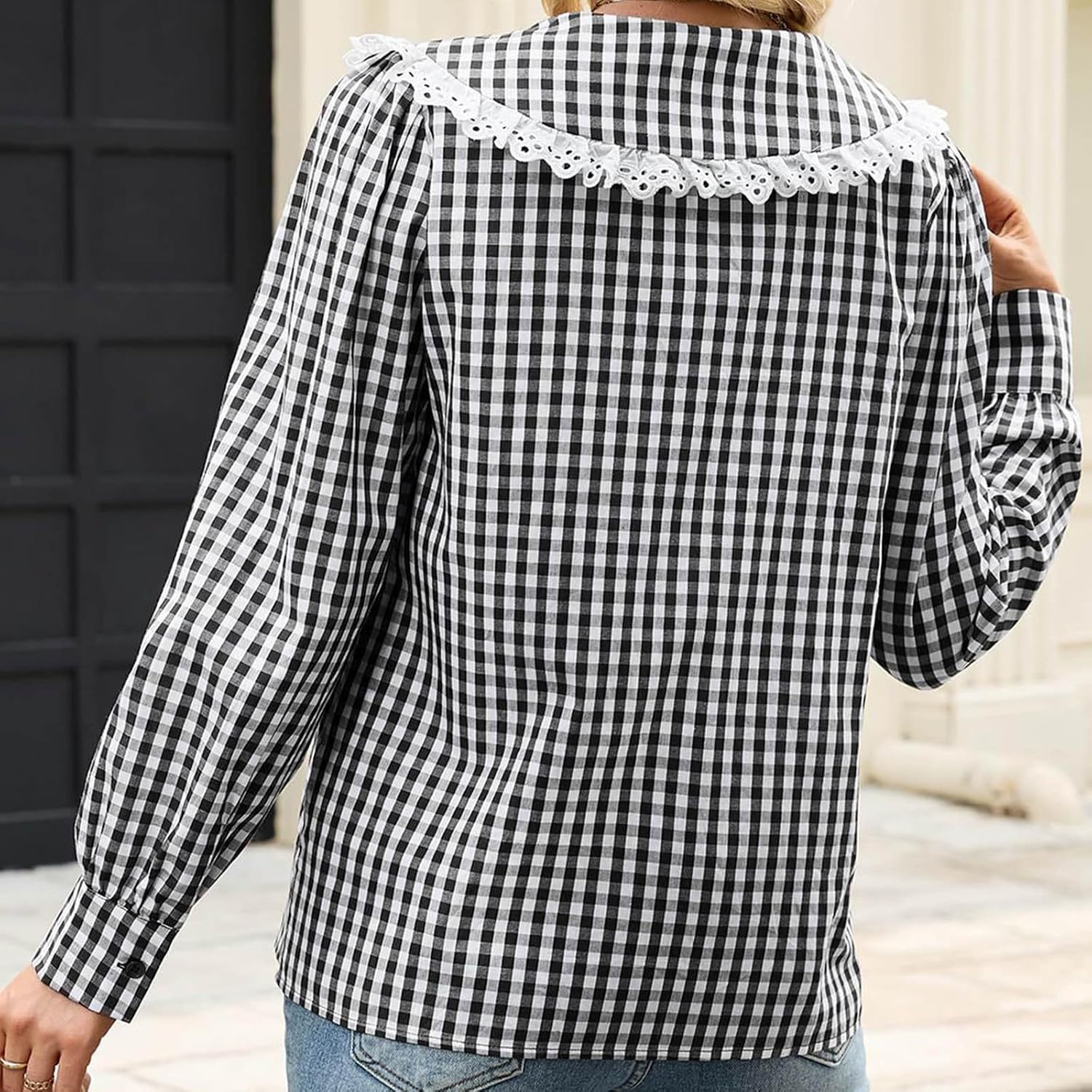 Women Lace Trim Peter Pan Collar Shirt Long Sleeve Button Plaid Top