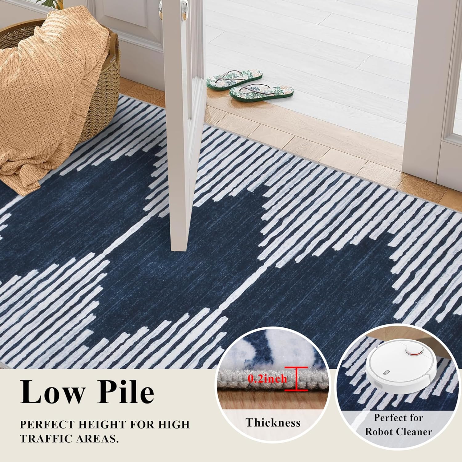HelloTree Hallway Runner Rug，2.6x8 Moroccan Modern Stripe Carpet Washable Machine Bathroom Runner Bohemian Design Modern Soft Non Slip Indoor Rug for Entryway Hallway Laundry Room Bedroom-Blue
