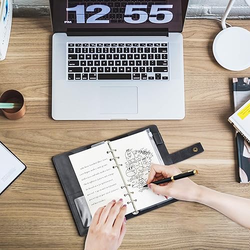 Miniatura 5 de WONDERPOOL Leather Journal - Cuaderno de escritura recargable de papel punteado, diario en espiral de cuero con bolsillos organizadores internos