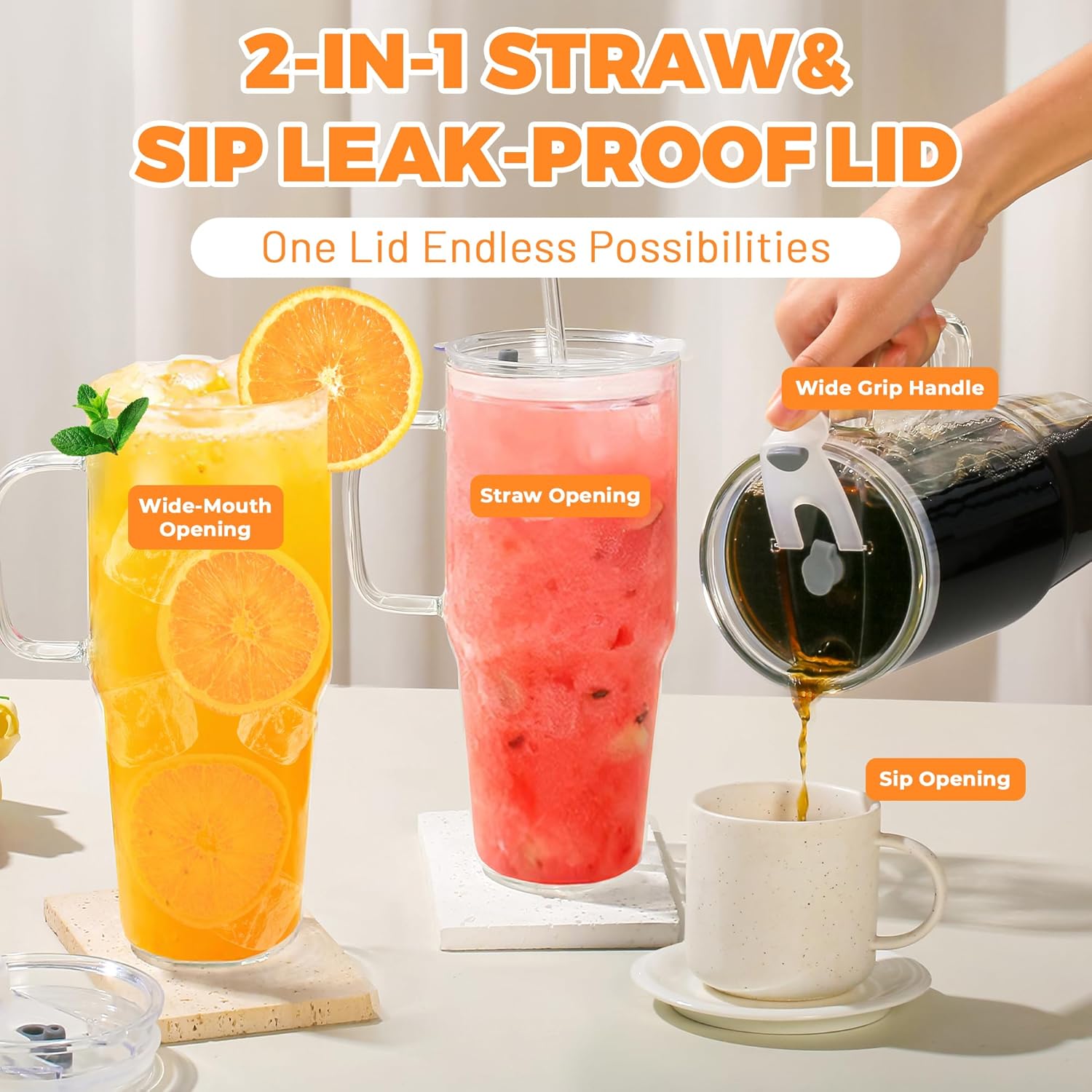 2Pack 40OZ Glass Tumbler with Handle,Glass Cup with Lid and Straw,Reusable Glass Iced Coffee Cup for Beer, Smoothies, Juice,Hot/Cold Drinks-Suitable for Birthday,Wedding,Christmas Gifts