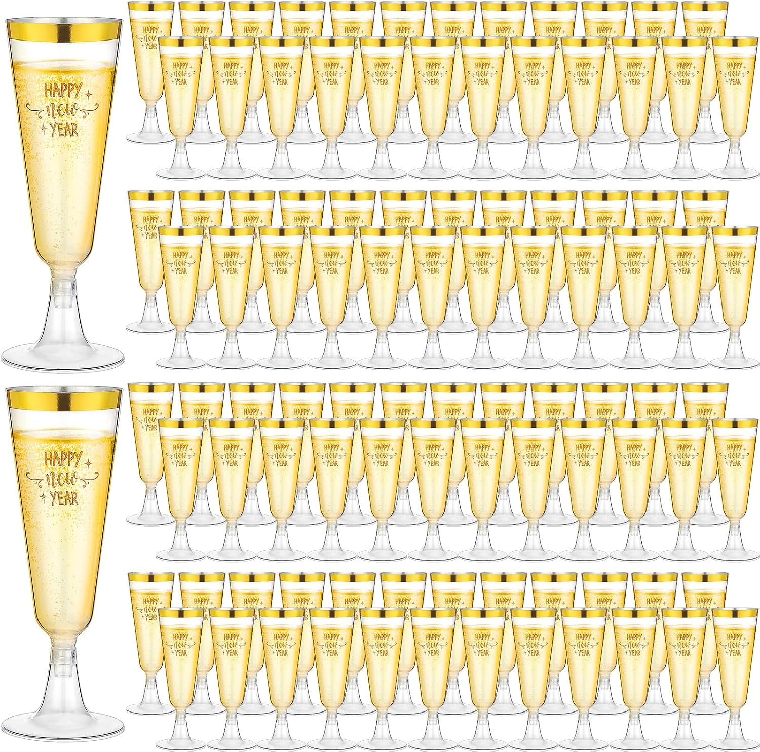 Zhehao 100 Pcs Plastic Gold Champagne Flutes Bulk 2026 New Years Eve Party Supplies 5 oz Disposable Wine Glass Gold Rim Champagne Glasses for New Years Eve Toasting Drinking Party