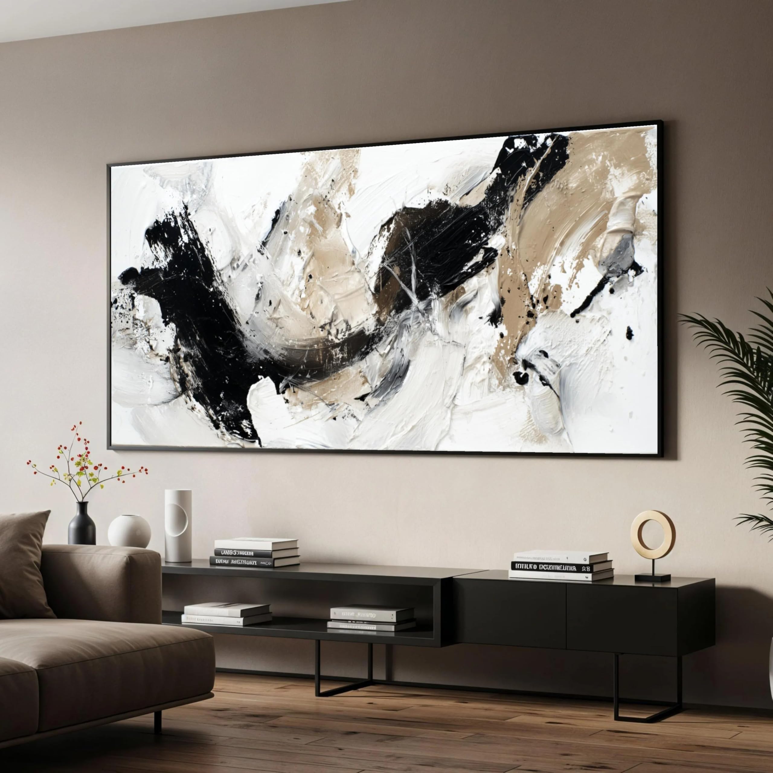 DHFGHFJ Cuadro abstracto moderno sobre lienzo, pintura en blanco, negro y beige, obra de arte contemporánea sobre lienzo para la decoración de paredes del hogar (50x100cm/marco interno)