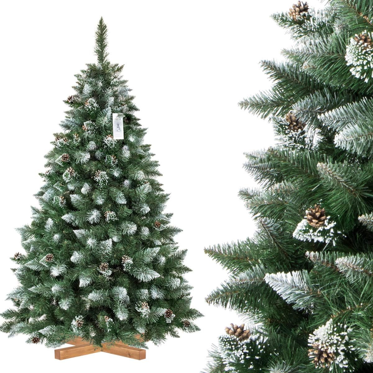 FairyTrees artificial Christmas tree PINE, natural snowed, PVC material, real cones, wooden stand, 6ft / 180cm, FT04-180
