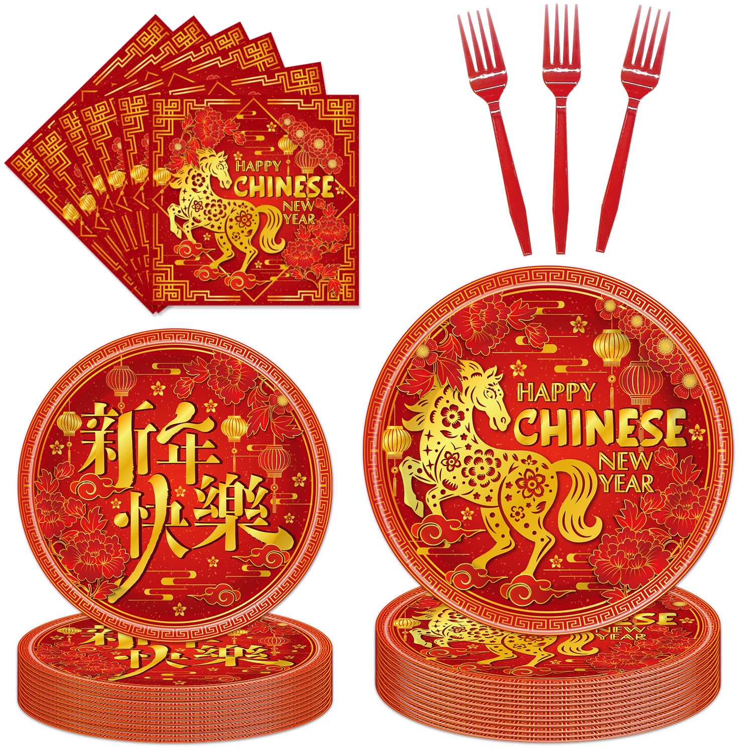 96Pcs Chinese New Year Party Decorations Tableware Set Happy Chinese New Year Paper Plates Napkins Forks Year of the Horse 2026 Lunar Theme Baby Shower Party Supplies Serve 24 Guests
