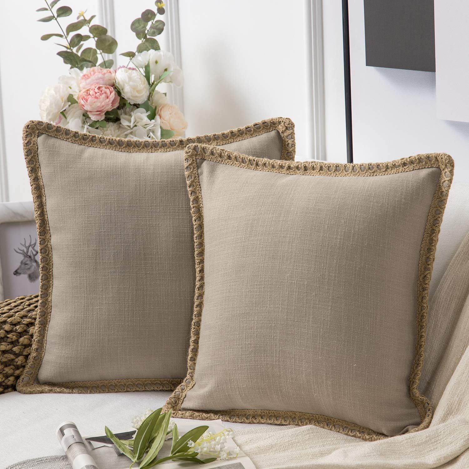 Phantoscope Pack of 2 Farmhouse Fall Decorative Solid Throw Decorative Pillow Cover Burlap Linen Trimmed Tailored Edges Beige 18 x 18 inches, 45 x 45 cm