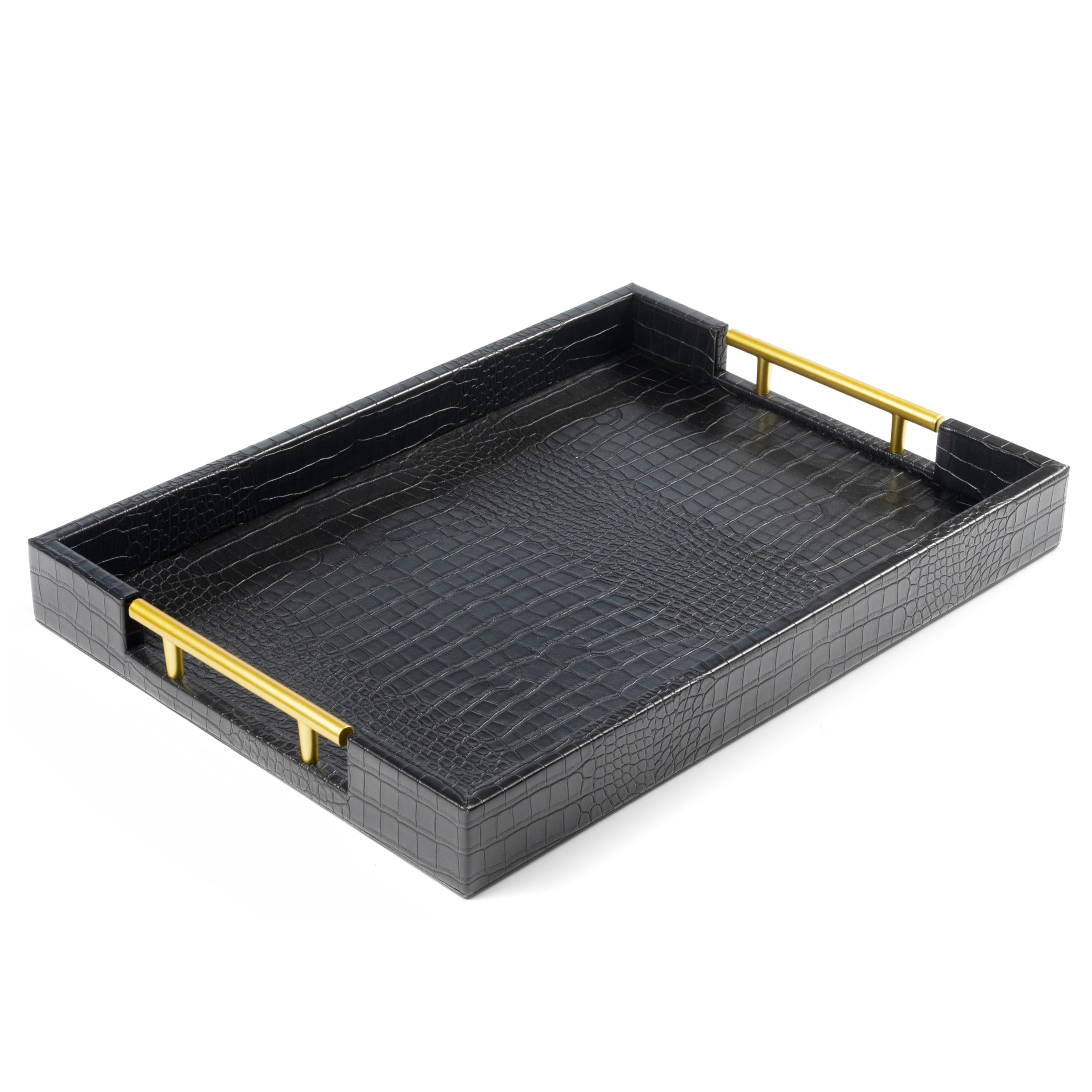 17" x 12" Wood Serving Tray with Gold Polished Metal Handles, Home Decorative Wooden Rectangle Ottoman Leather Decor Platter Bathroom Vanity Tray for All Occasions Alligator Black