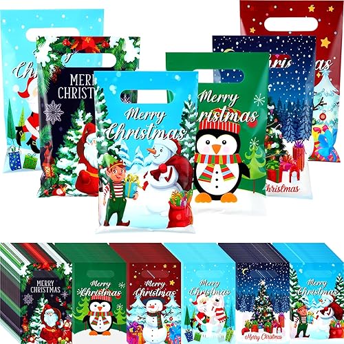 Silkfly Bolsas de regalo de Navidad, bolsas de plástico a granel con asas, bolsas de dulces de mercancía de 6.3 x 9.8 pulgadas, bolsa de regalo de