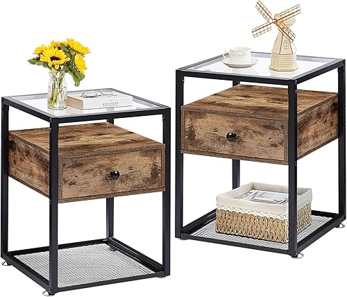 Miniatura 8 de VECELO Mesita de noche moderna con cajón, mesita de noche para sala de estar, dormitorio, vidrio templado, juego de 2 unidades, color negro Negro