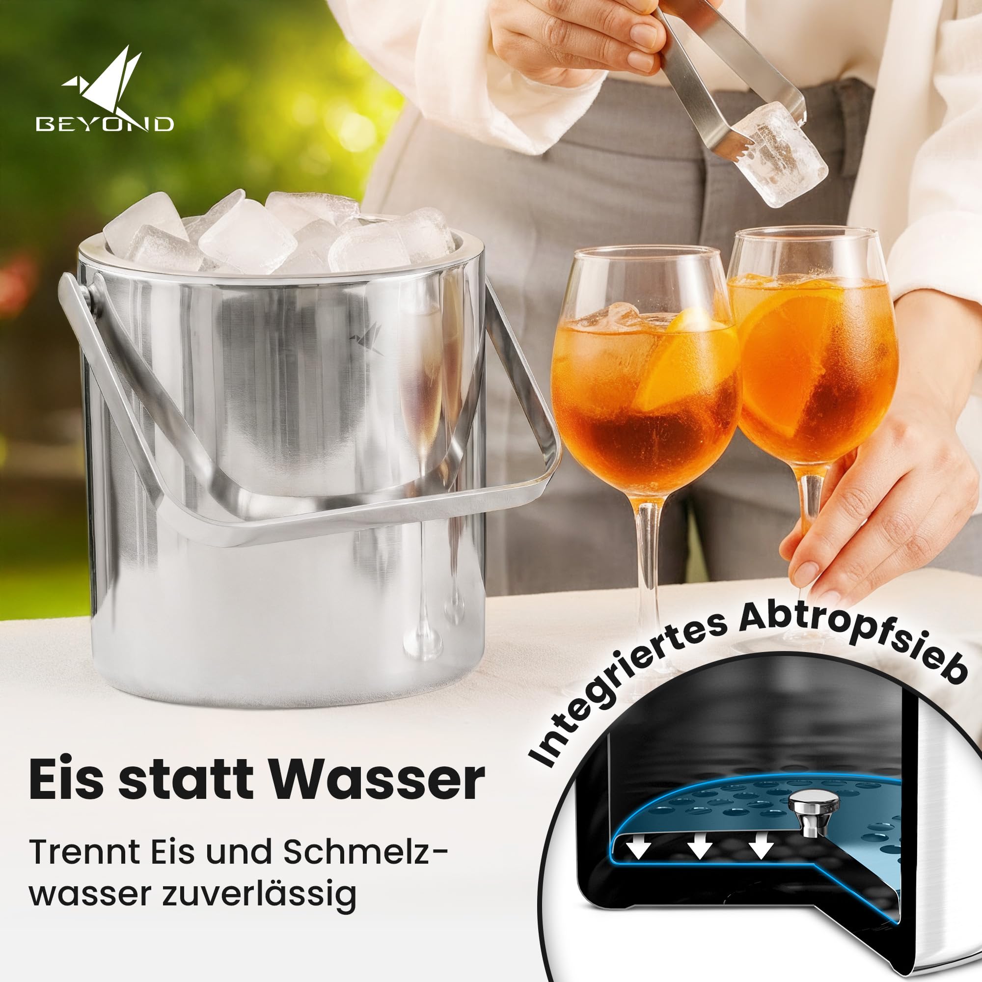 Beyond Eiswürfelbehälter mit Deckel und Zange 100% bpa frei aus Edelstahl - Eiswürfelkühler, doppelwandig, 1,3 Liter I Eiseimer für Eiswürfel, Eiskübel für die Eiswürfel Aufbewahrung