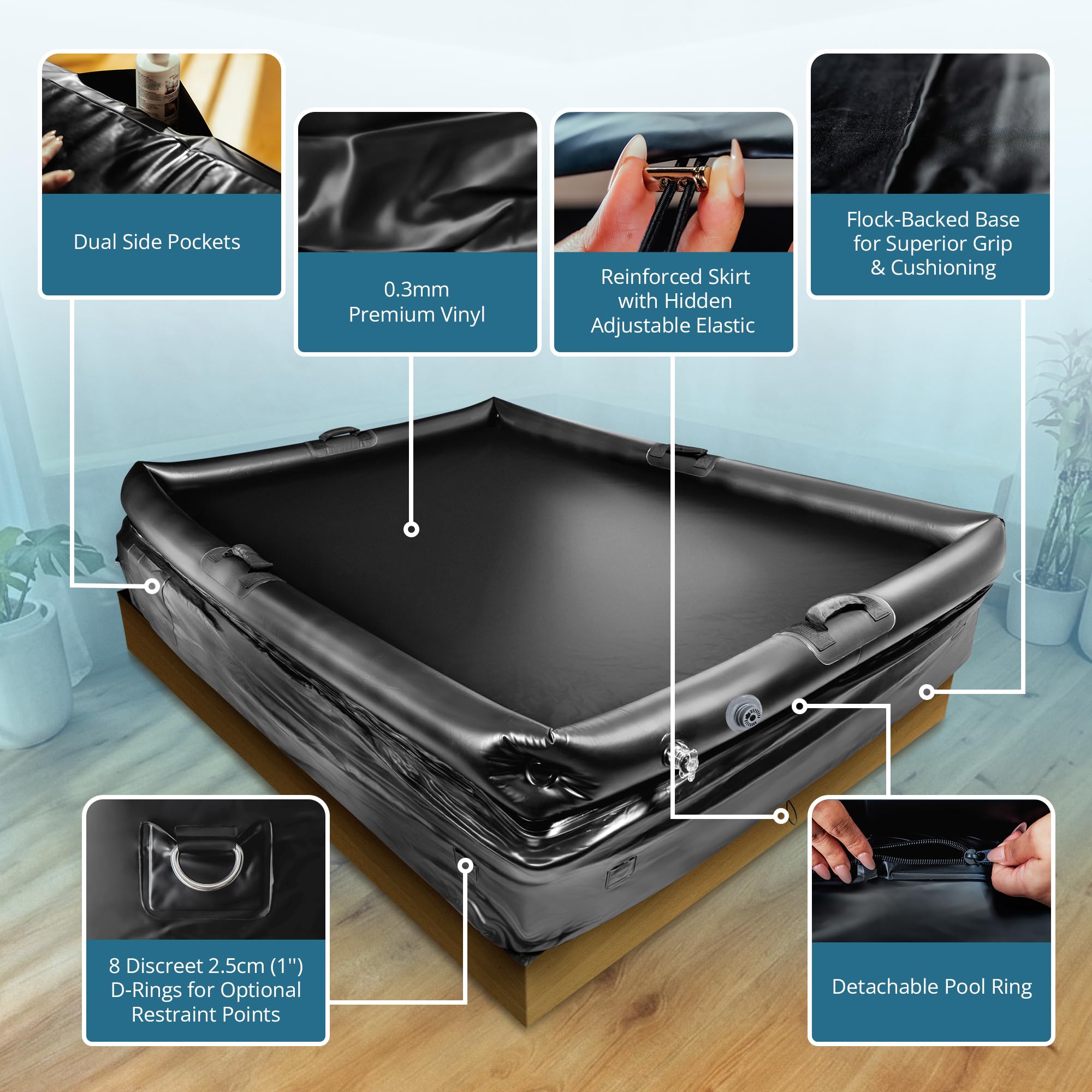 Drap de massage gonflable Flownest, format Queen (152 x 203 cm) | Drap en vinyle imperméable 2-en-1 avec anneau de piscine gonflable amovible et pompe USB-C intégrée : tapis de massage glissant en PVC