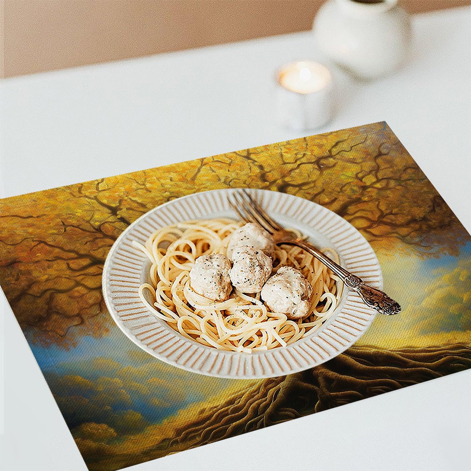 8 Pezzi Tovagliette Americana Paesaggio autunnale - Tovaglietta Americane in Cotone e Lino Albero d'oro Lavabili Sottopiatto per Sala da Pranzo Tavolo da Cucina 45 ×30 cm