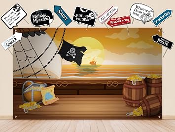Pirate Party Decoration Kit - Includes Photography Backdrop & 10 Studio Selfie Photo Booth Props with Sticks - Ahoy Nautical Theme Studio Background Banner Supplies for Baby Shower or Birthday Party