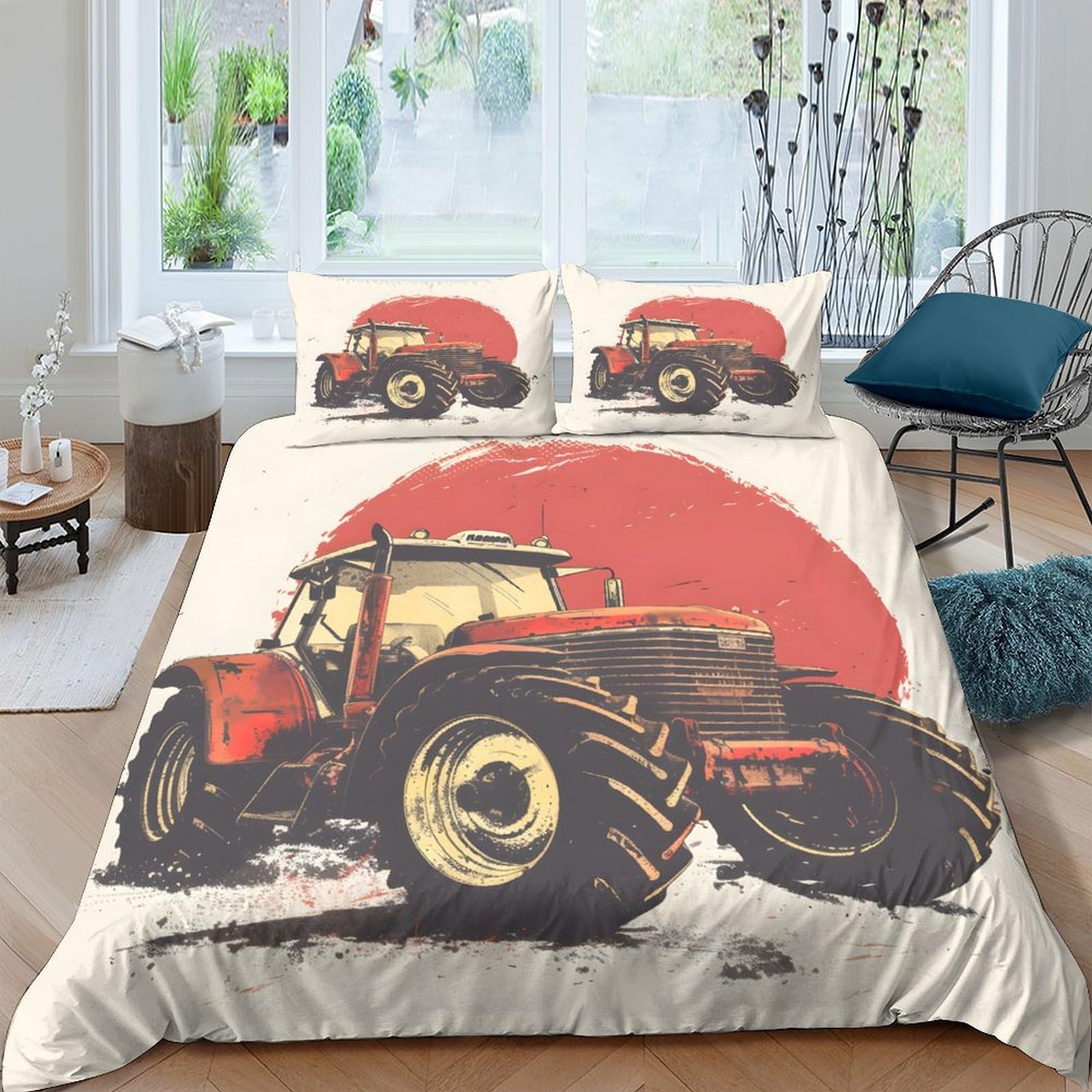Ctjqhvkz Style-9 3D Printed Red Tractor Fitted Sheet Microfiber Soft Farm Field Bed Cover Anti-Slip Machine Washable For Bedroom Dorm Bedding Decor Single（135X200cm）