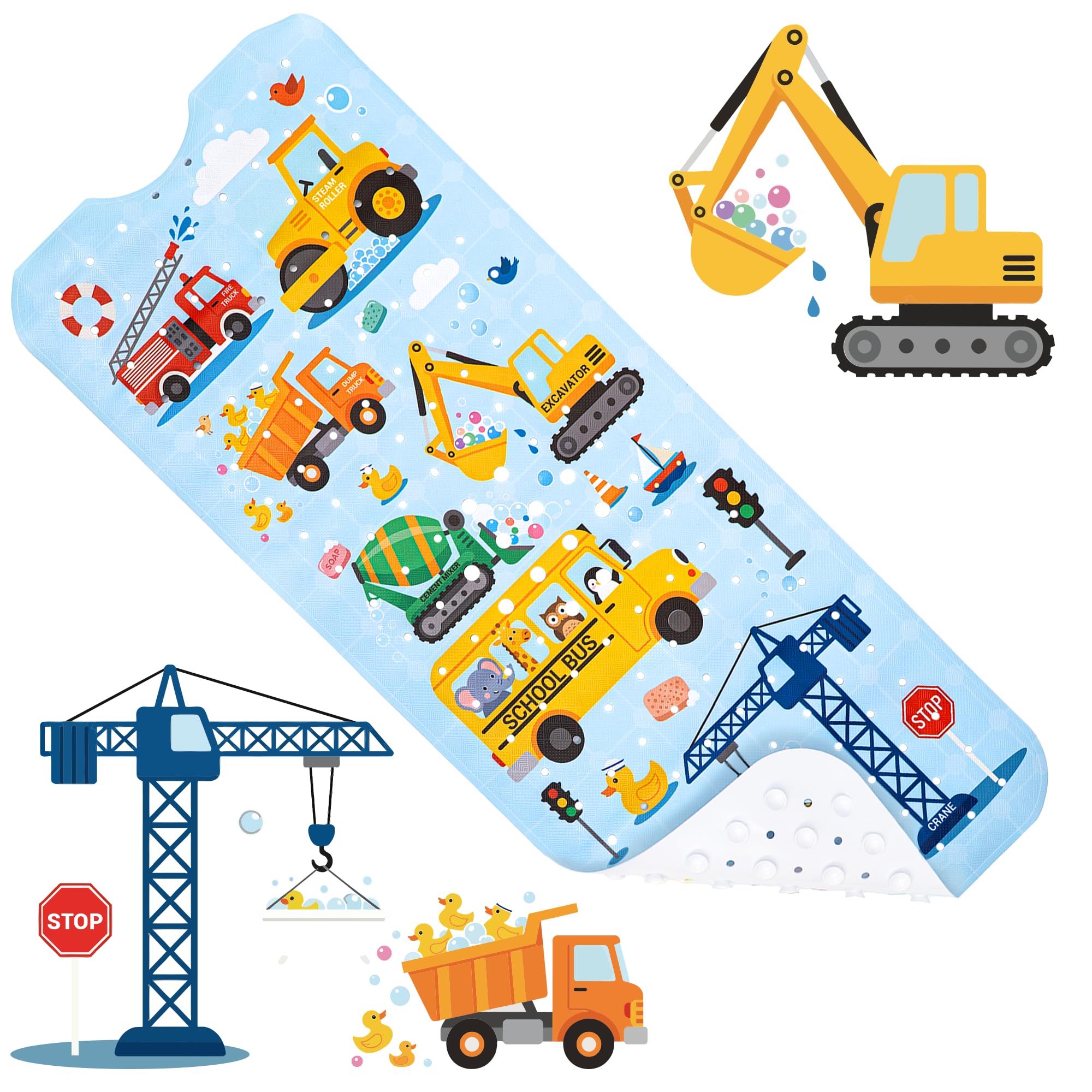 Baby Bath Mat for Tub Non Slip Bathtub Mat Fast Drain Shower Mats for Toddlers and Kids 100 x 40 cm Cute Bath Mats with Suction Cups and Drain Holes, Vehicles