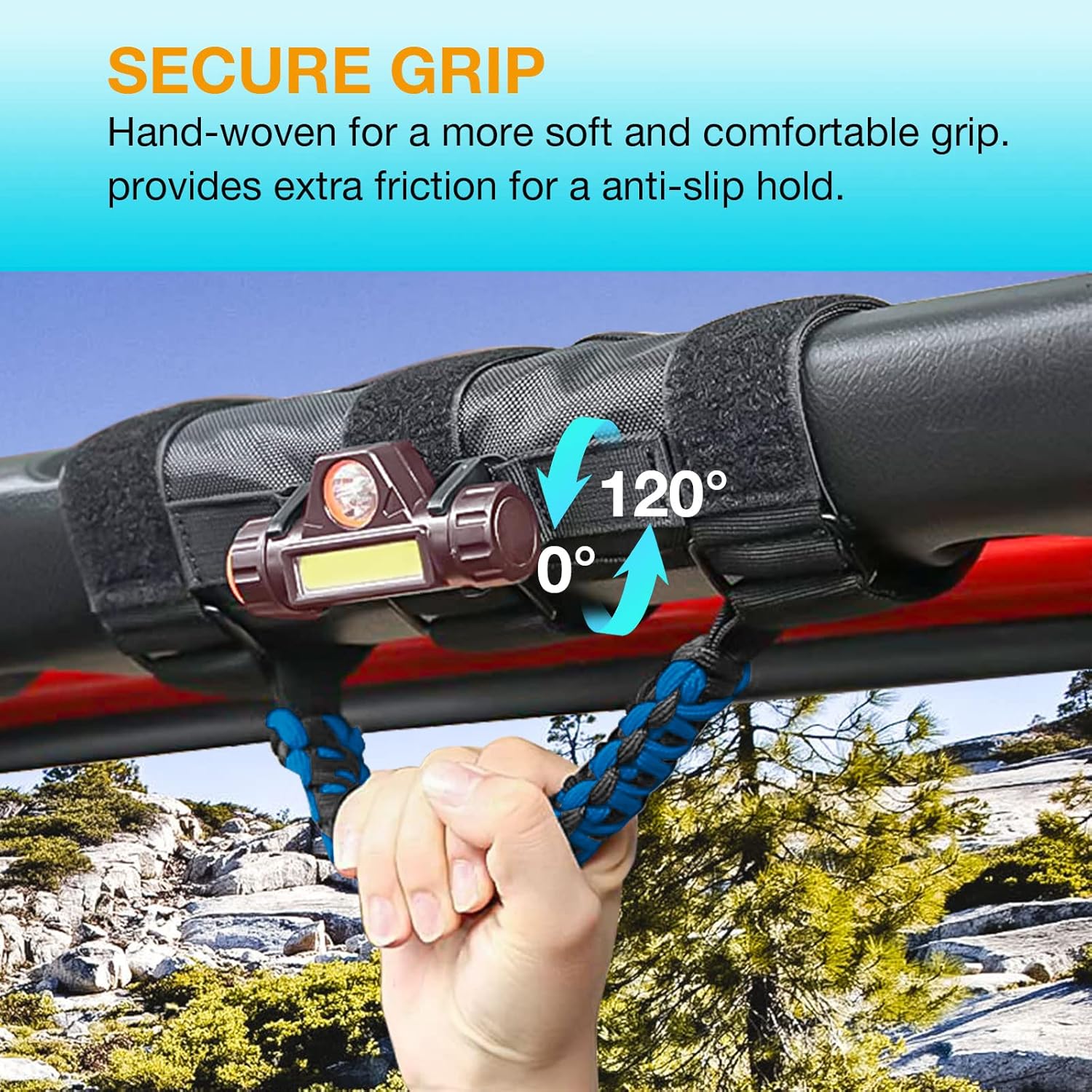 GAIZON 4 Pack Grab Handles Roll Bar Paracord for Jeep Wrangler Accessories Sahara Freedom Rubicon CJ YJ TJ JL JK LJ JLU JKU,Gladiator JT 1955-2023 Interior Accessory,Grip Handle with LED Light (Blue)