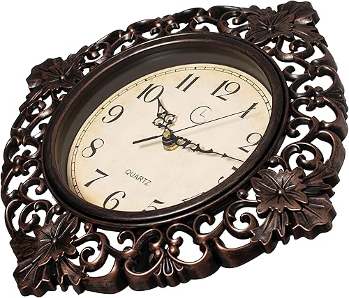 Miniatura 8 de Clockswise Reloj de pared colgante redondo clásico de 11 pulgadas con marco floral adornado en acabado envejecido vintage para el hogar, entrada,