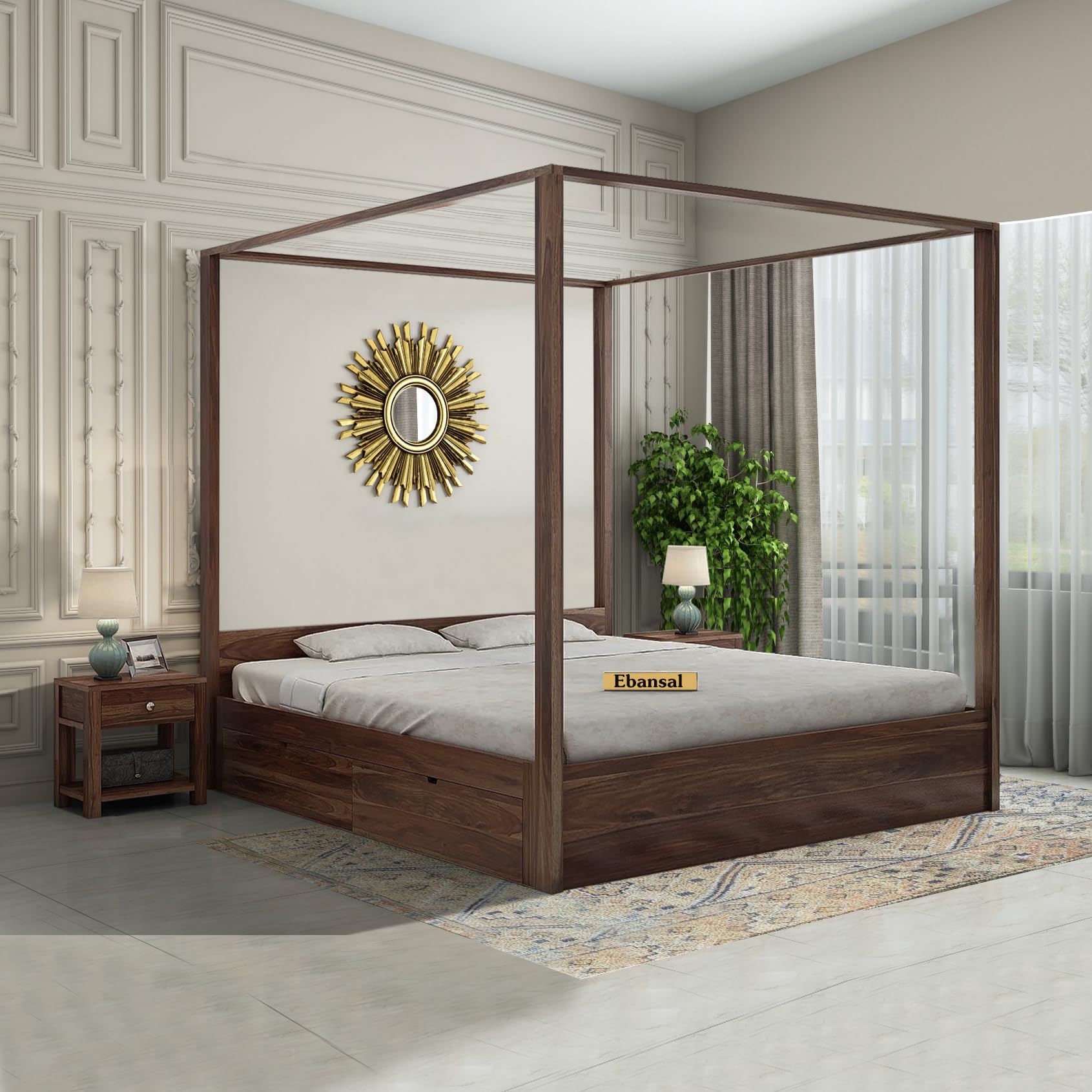 Solid Wood King Size Poster Bed for Bedroom | Wooden Furniture Crafted from Premium Sheesham Wood | Elegant Bedroom Double Bed with 4 Drawer Storage | Walnut Finish (83 X Width 75X75 Inches)