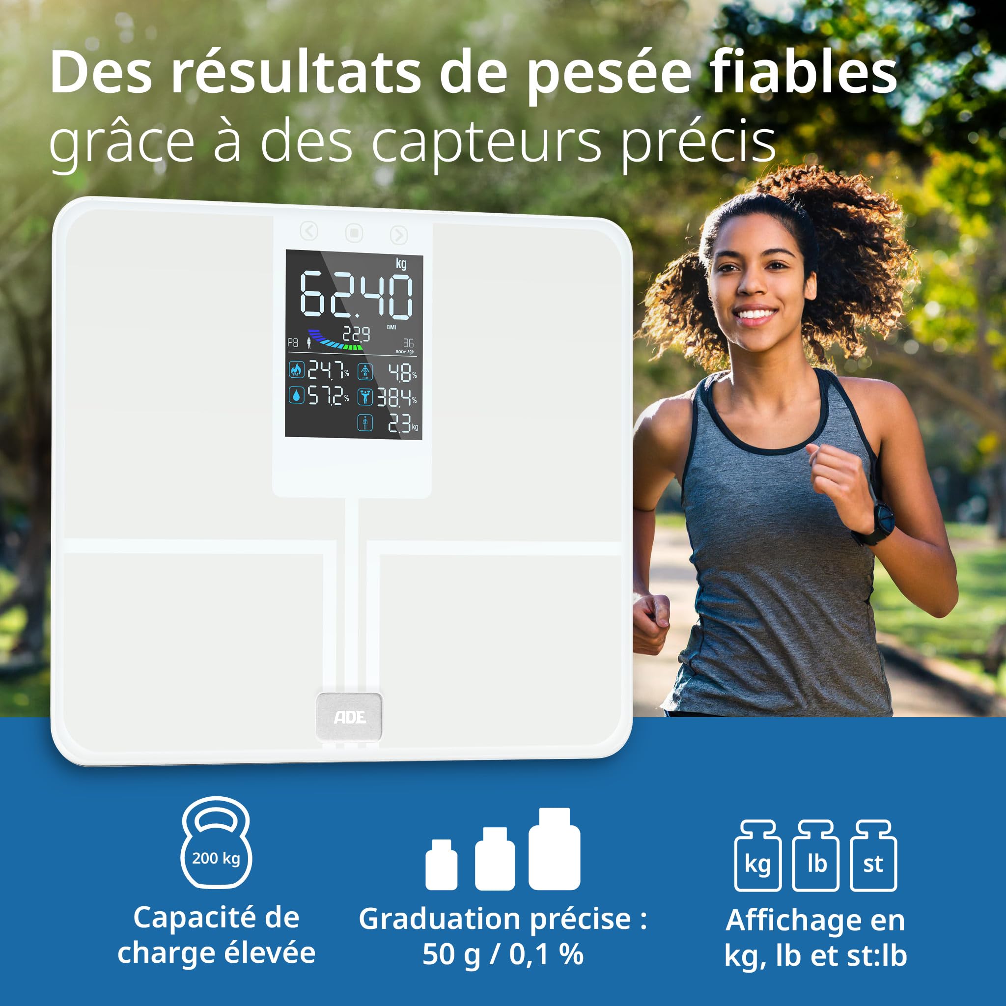 ADE Balance pese personnes impedancemetre | balance numerique avec grand écran couleur | toutes les valeurs en un coup d'œil | pèse personne masse graisseuse et muscle jusqu'à 200 kg | blanc