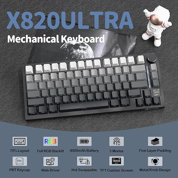 YINDIAO ATTACK SHARK X820 Ultra Gasket Mechanische Tastatur mit TFT-Bildschirm und Knopf, 75% ANSI-Layout, 2,4 GHz/BT/Wired, 5 Sound-Absorbing Foams, Hot-Swap, für PC, MAC (Mondlicht, Gift Switch) - 2
