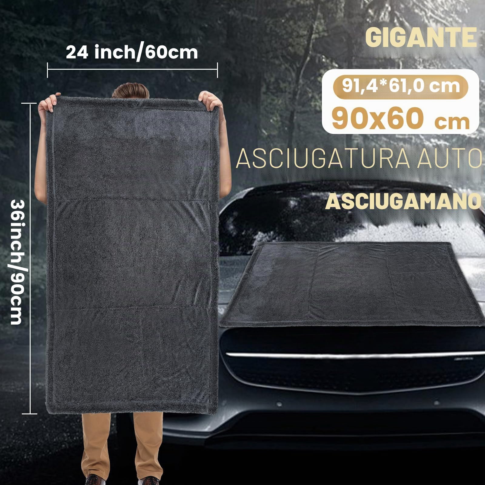 Panno per Asciugatura Auto,90x60cm-1800GSM Panno Microfibra Auto,Extra Large,Altissimo Grado Assorbimento,Senza Pelucchi,Asciugatura Senza Graffi,Della Carrozzeria Autos e Moto