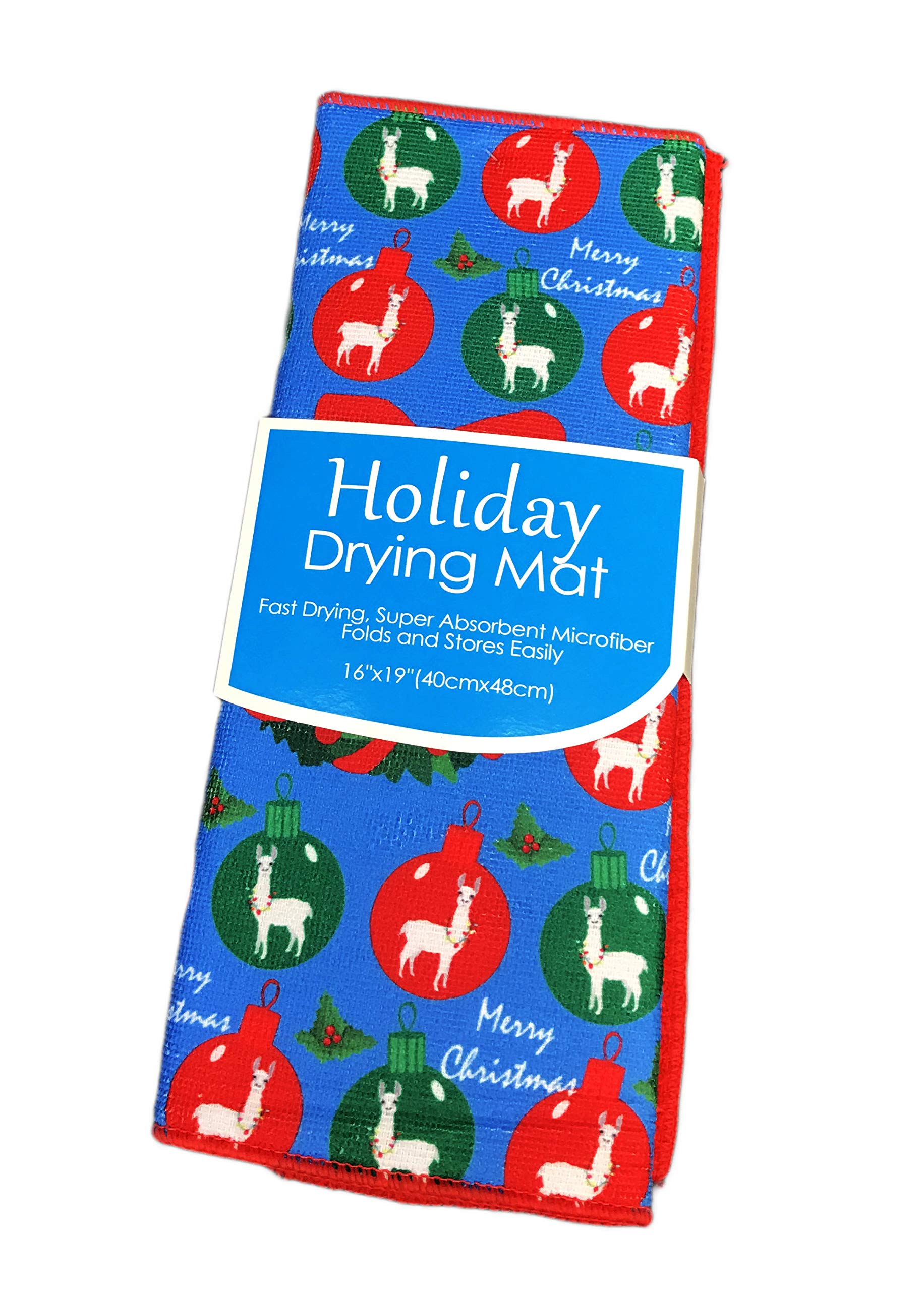 Merry Christmas Festive Llamas in Red & Green Ornaments Holiday Dish Drying Mat 16" x 19"