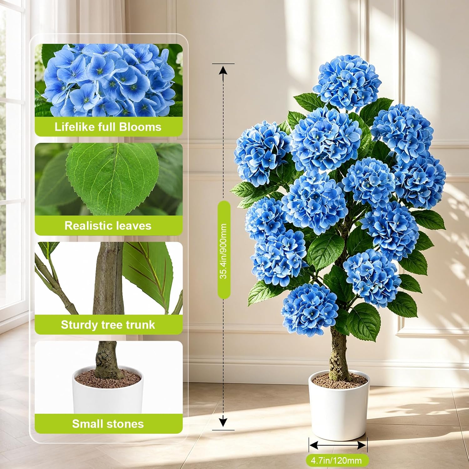 2 Pcs 3 Ft Faux Hydrangea Tree, Hydrangea Artificial Flowers for Outdoors, Real Touch Fake Hydrangea with Large & Plump Blooms for Front Door Porch Patio Home Decor (Blue)