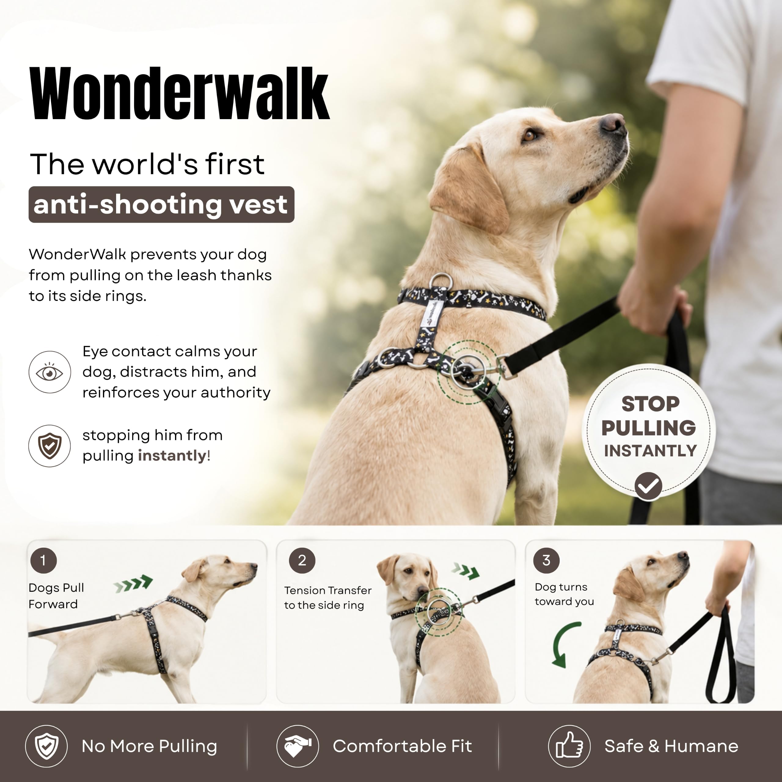 Wonderwalk - Arnés antitirones para perros, arnés ajustable, arnés para perros con anillo lateral, control fácil, apto para perros de talla pequeña, mediana y grande (negro, L)