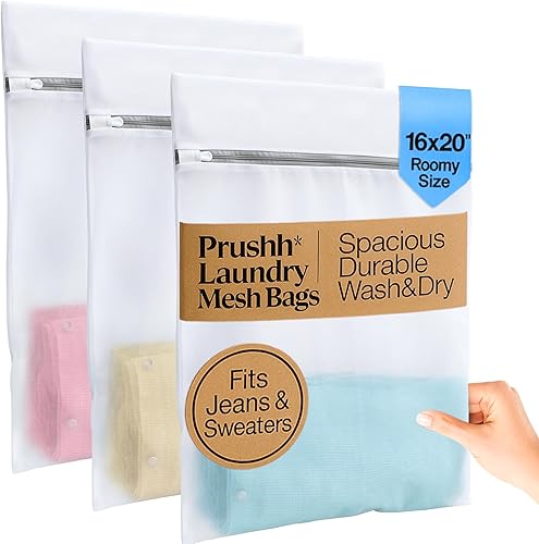 3 bolsas espaciosas de malla duradera (16 x 20 pulgadas) que protegen los delicados, malla fina para lavado y secado uniformes, cremallera de