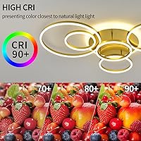 Vista 5 de Lámpara de techo LED moderna dorada regulable con 5 anillos, lámpara de techo de montaje empotrado con control remoto, 106W, 10000LM, iluminación