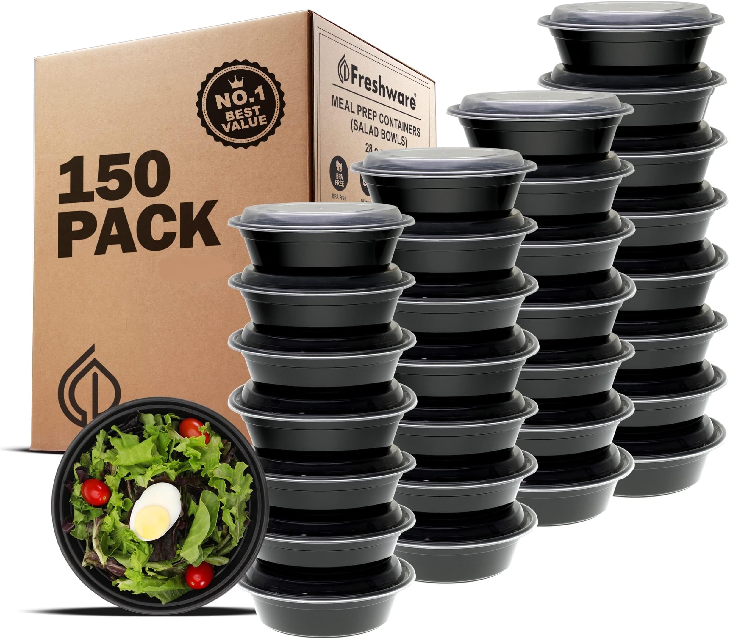 Freshware Meal Prep Containers with Lids [150 Pack] Food Storage Containers, Bento Box, Salad or Noodle Bowls, Stackable, Microwave/Dishwasher/Freezer Safe (28 oz)