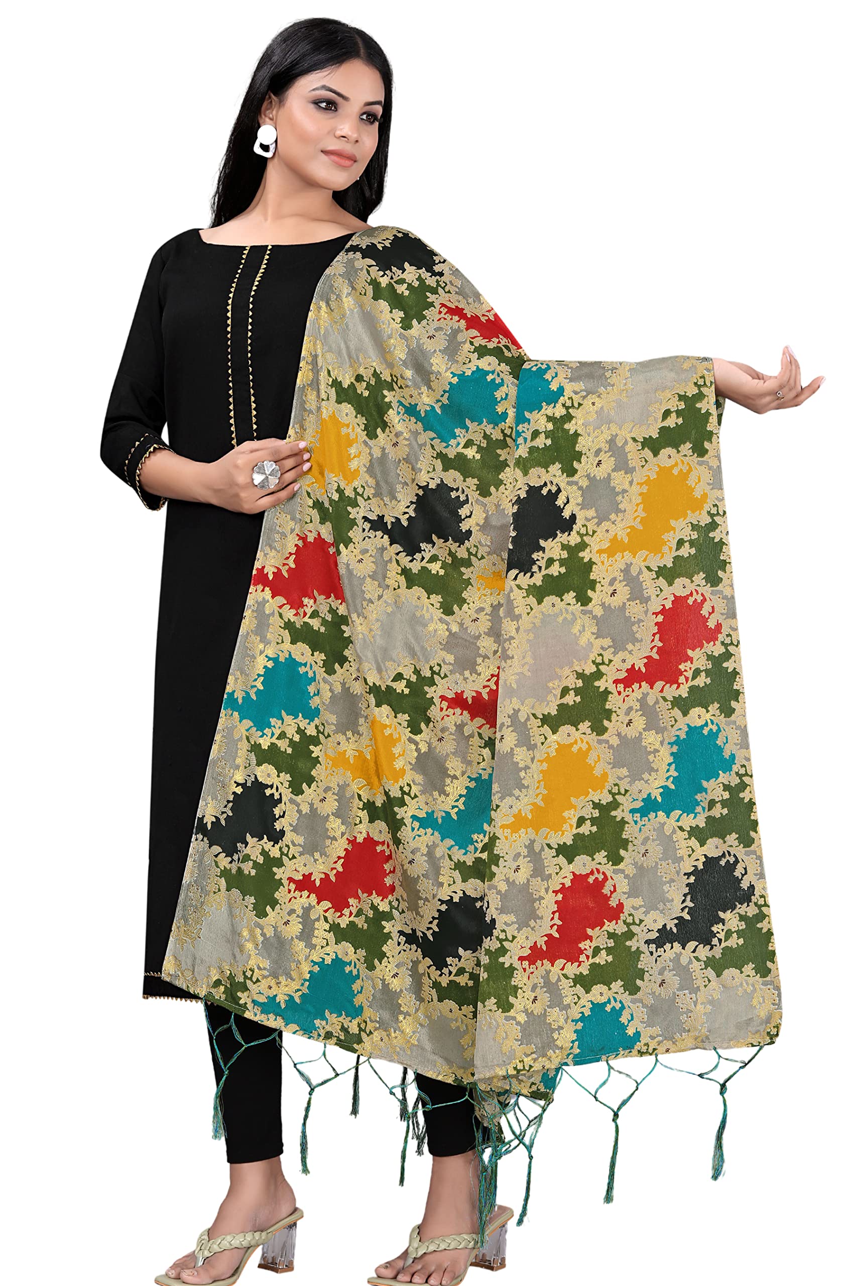 kemza Women's Printed Silk Dupatta (Multi Colour) with Tassels Border and Phulkari Print Banarasi Dupatta-picture-13