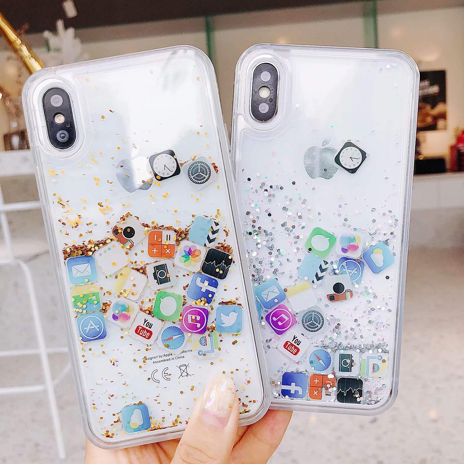 UnnFiko Liquid Glitter Case for iPhone 6, Hard Back Colorful Bling Quicksand with iOS icon Apple APP Shine Phone Case for iPhone 6s (Silver Glitter, iPhone 6/6s)