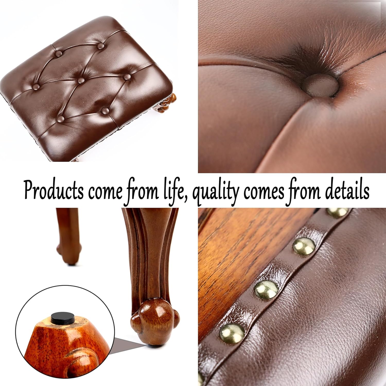 Leather Foot Stool Small,Vintage Ottoman Leather Foot Rest,Wooden Footrest,Upholstered Footstool for Couch/Living Room/Sofa,Cherry (12.6)