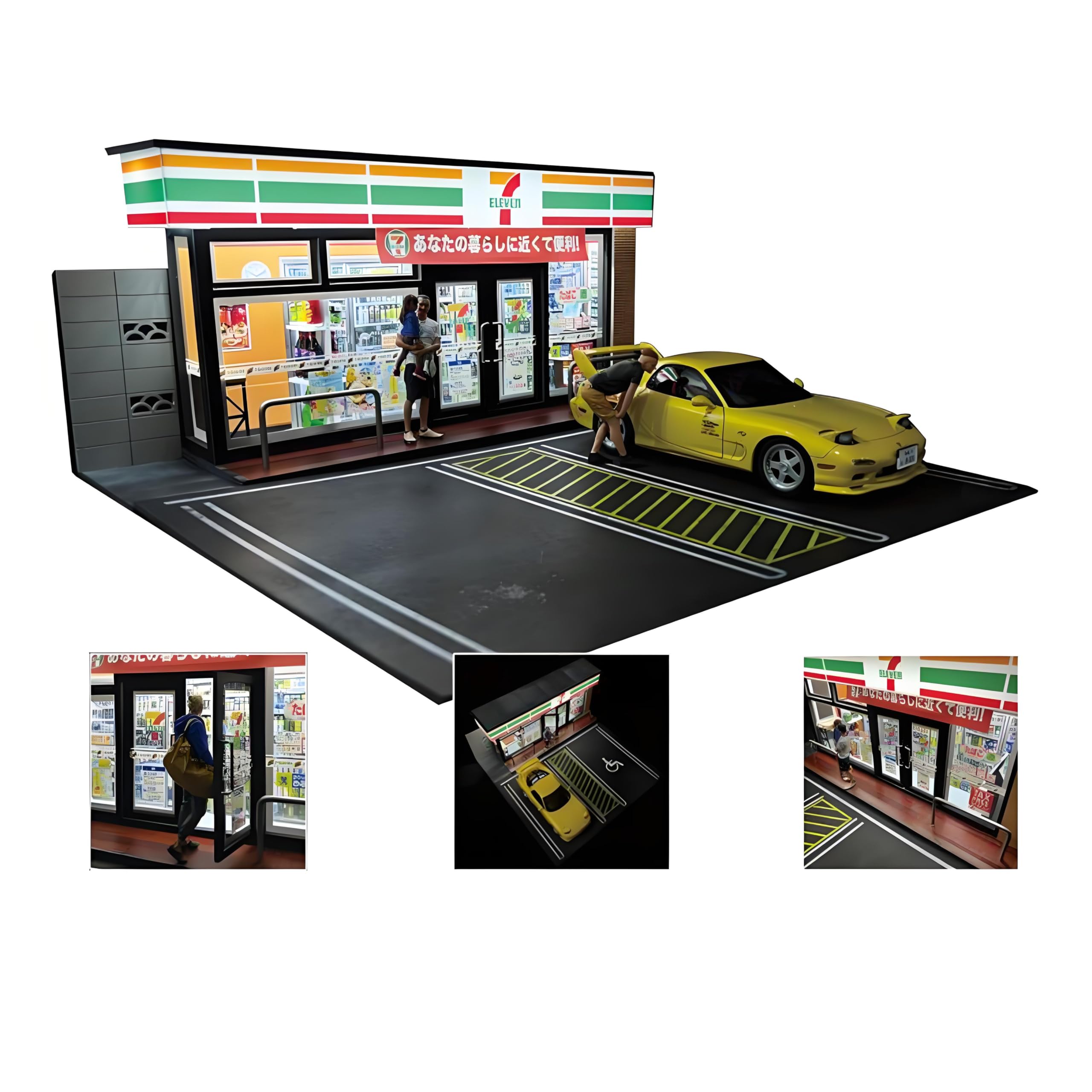 Kidaromo 1:18 Japanese 7-Eleven Convenience Store Model, Realistic Miniature Scene with USB LED Lighting & Two Parking Slots, Diecast Car Display Background