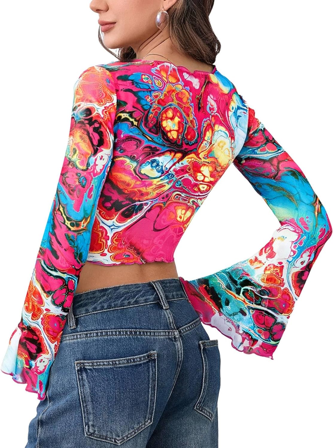 Milumia Women's Tie Dye Knot Front Crop Top Mesh V Neck Bell Sleeve Y2k Going Out Tops - Image 2