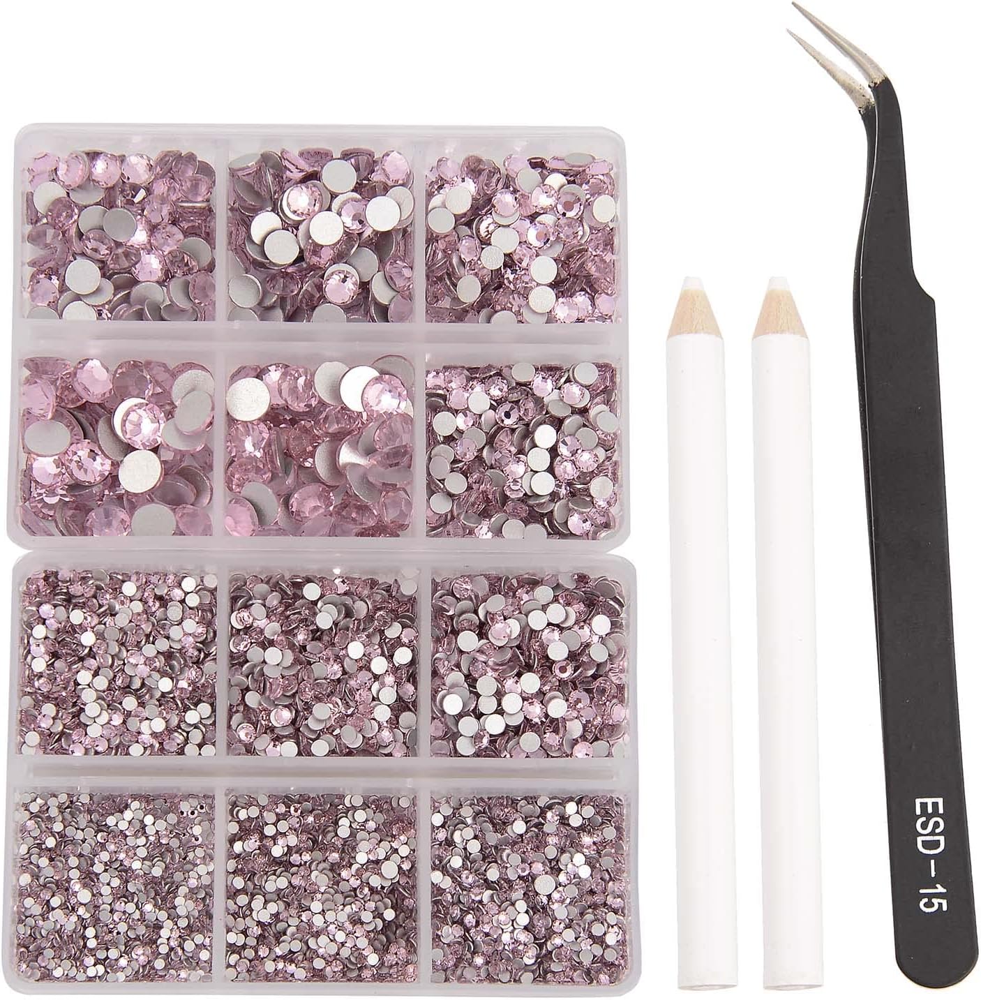 NCB 8000pcs Non Hotfix Rhinestones 10 Sizes Flatback Crystal Glass Rhinestones with Tweezers and Picking Pen for Nail Art Clothes Bags Phone Decorations Crafts DIY (022 Lt. Rose Mix SS3-SS30)