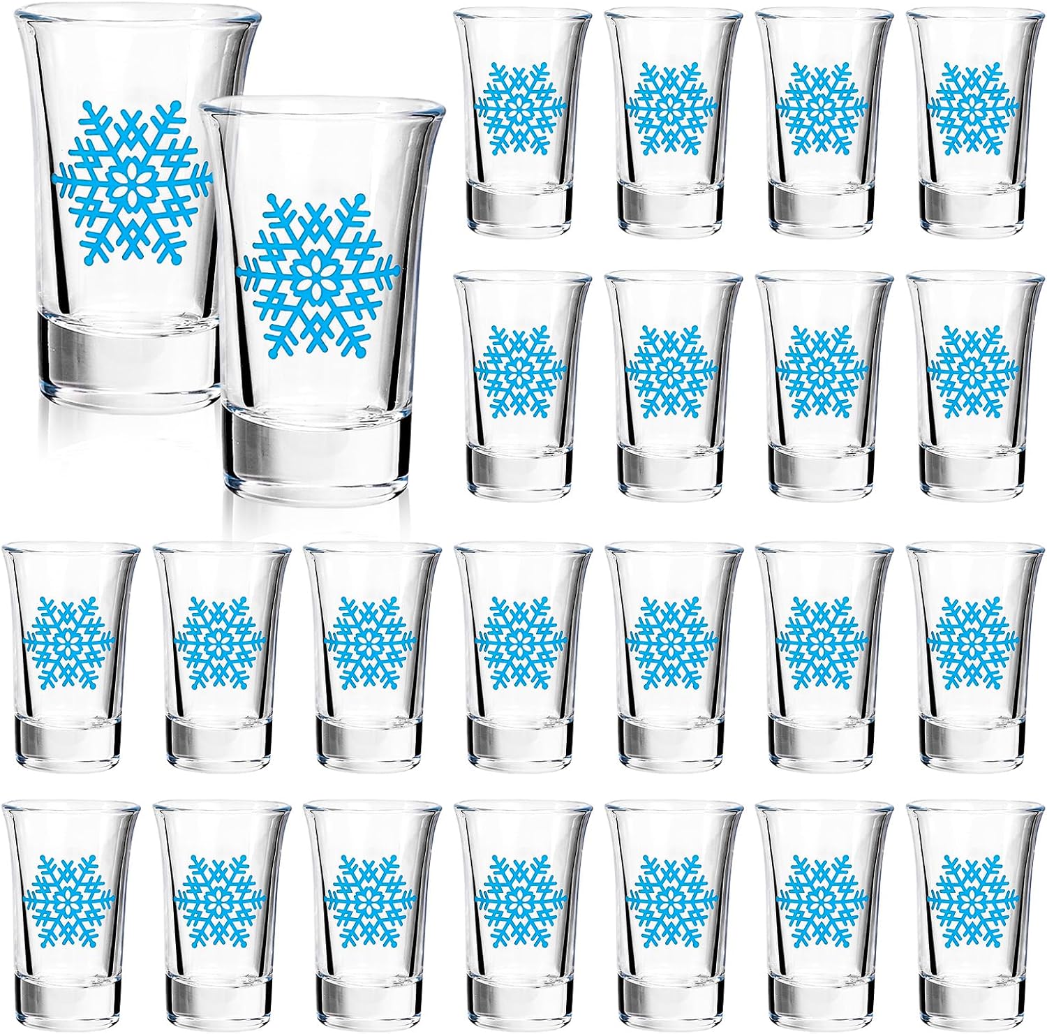 Whaline 24 Pcs Winter Christmas Shot Glasses Blue Snowflake 1.5oz Heavy Base Clear Shot Glass Cups Boxed for Xmas Holiday Drink Party Favor Supplies