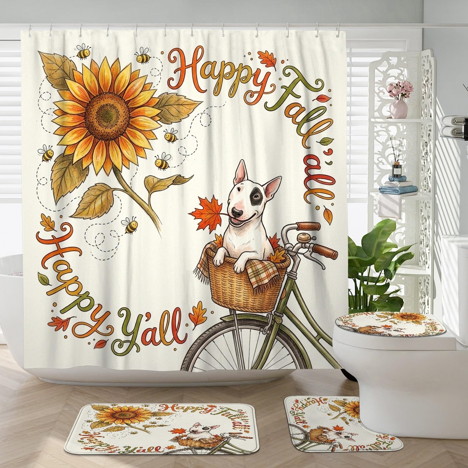 Tapis de toilettes en U et rideau bouleau lot de 4 pour salle de bain