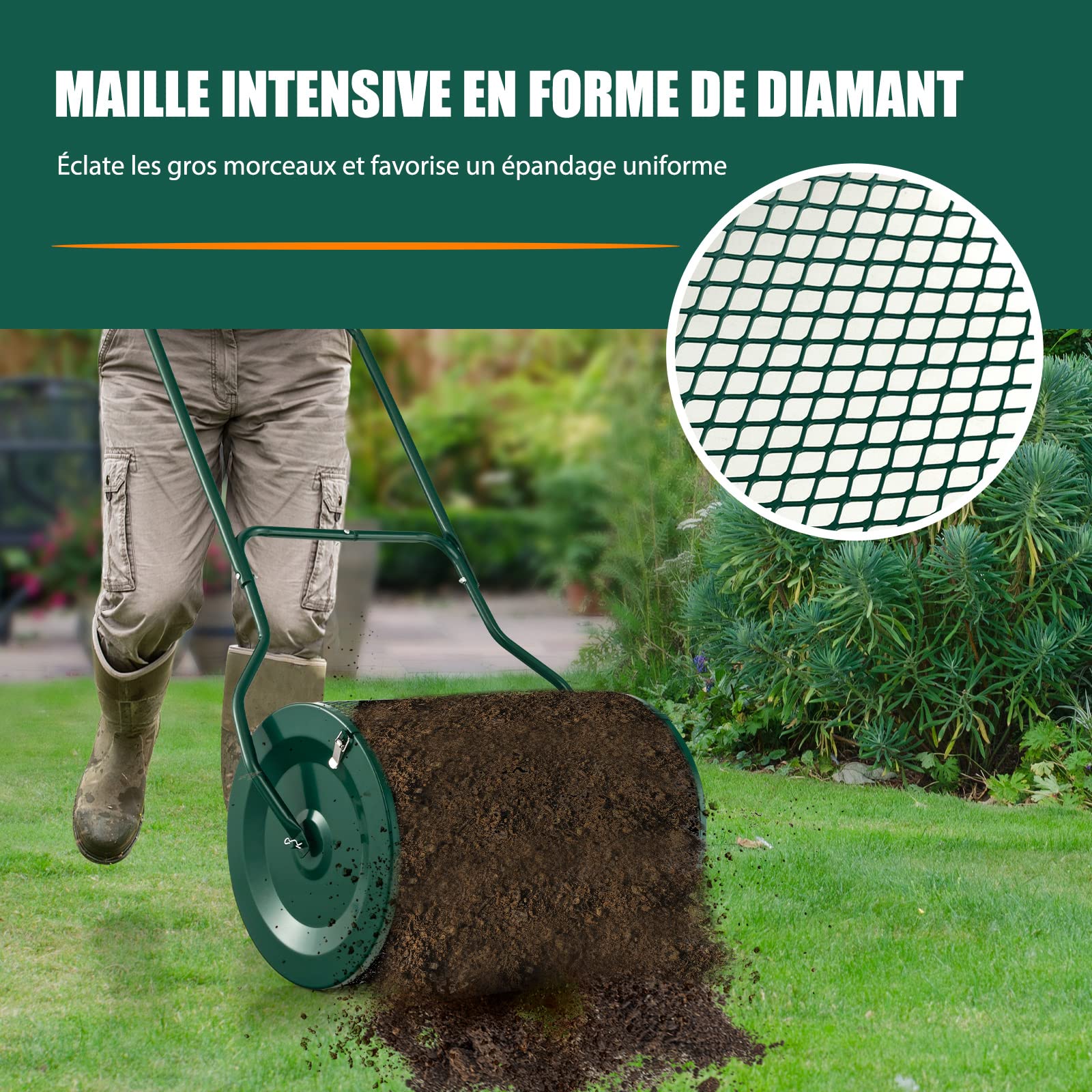 COSTWAY Épandeur à Compost de 60,5 cm Rouleau en Treillis Métallique, Épandeur de Gazon 75 L avec Poignée en Forme de ‘U’ Loquets Latéraux, pour Entretien du Jardin et Pelouse, Vert