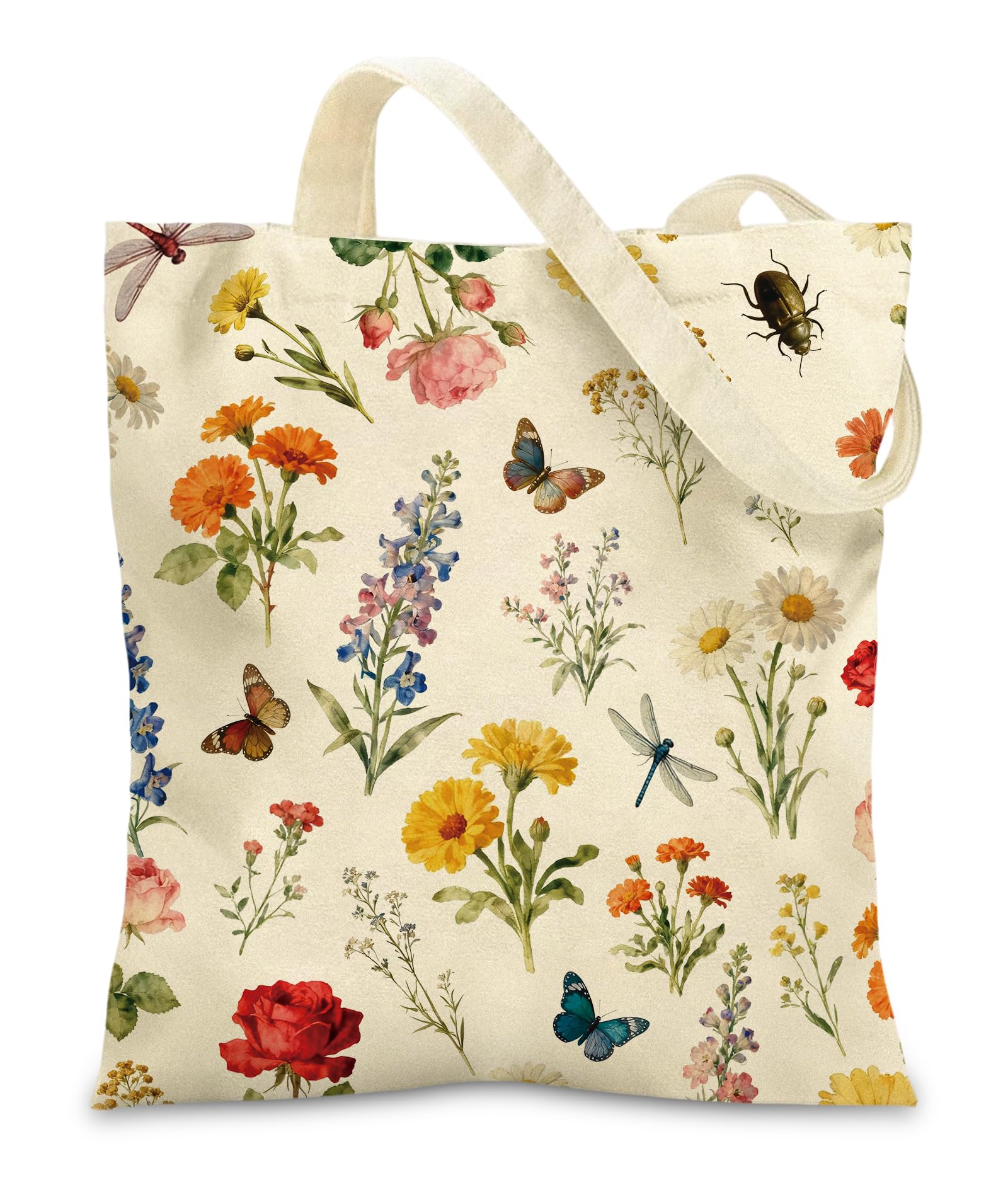 Floral Canvas Tote Bag Women - Wildflower Butterfly Shoulder Bag for Travel