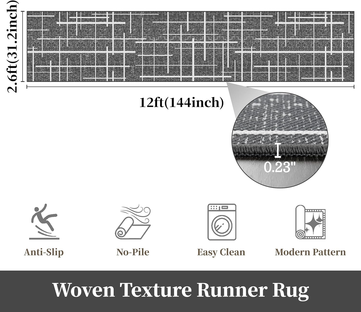 non slip hallway runner rug 2.6x12, modern distressed stripe, washable extra long rug, woven thin low pile carpet runners for hallway 12ft entryway, kitchen, walkway- gray 2'6" x 12' (runner) striped- gray