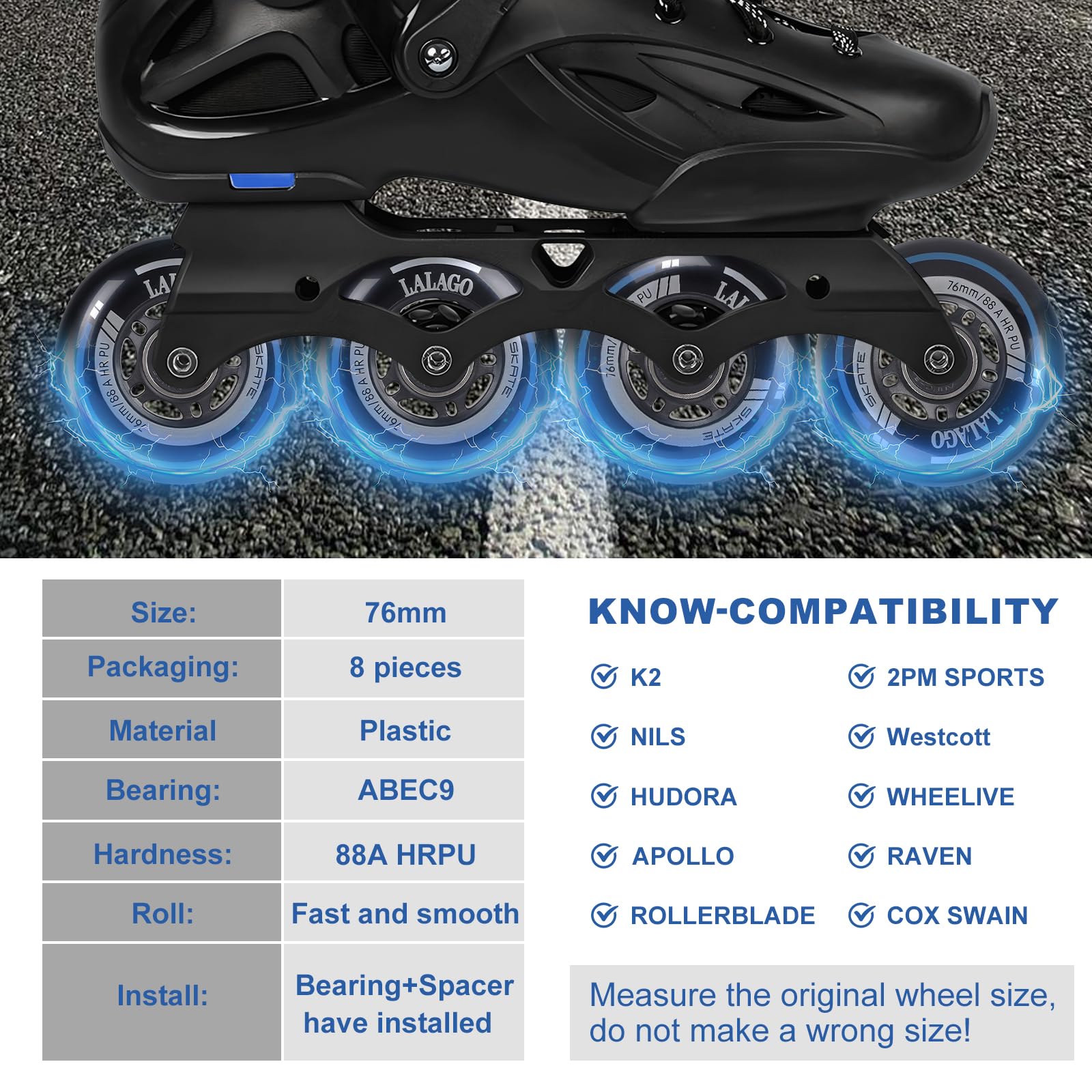LALAGO Roues de Rollers en Ligne 76mm, Lot de 8 Roues de Patins à Roulettes de Rechange Avec Roulements ABEC 9, 88AHRPU, pour K2 Hudora Gonex Apollo