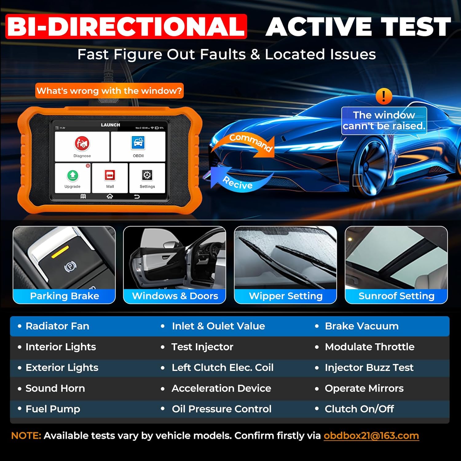 Image showing bi-directional active test with a car and the scanner. Examples of tests include parking brake, windows & doors, wiper setting, and sunroof setting.