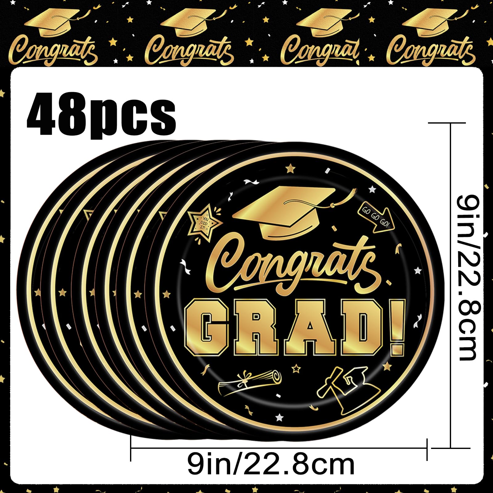 yinupet 48 Pcs Graduation Party Plates 2025 Graduation Party Dinnerware Disposable Paper Plates for Congrats Grad Class of 2025 Party Decorations (Black gold)
