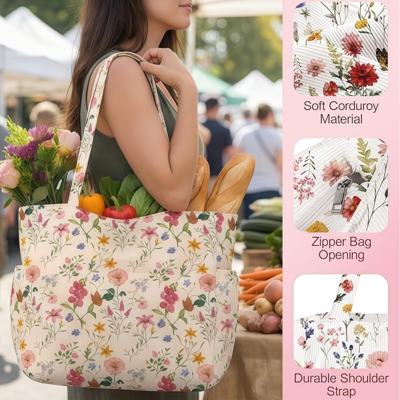 Große Cord Tote Bag Tasche für Damen – Niedliche ästhetische Schultertasche, Wiederverwendbare Canvas Tasche mit Reißverschluss Mehreren Taschen für Arbeit Schule Gym Reisen