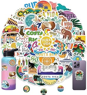 Costa Rica Stickers for Kids Girls Adults, 50 Pcs Aesthetic Pura Vida Graffiti Vinyl Decals for Decor Laptops Water Bottles Scrapbook Helmet, Costa Rica Summer Tropical City Sticker